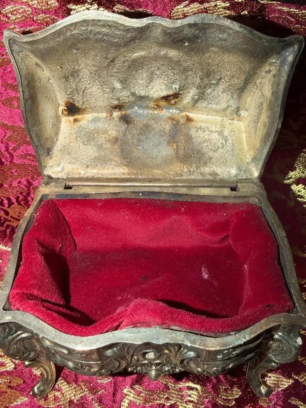 Vintage Ornate Cast Metal Jewelry Casket with Red Velvet Lining